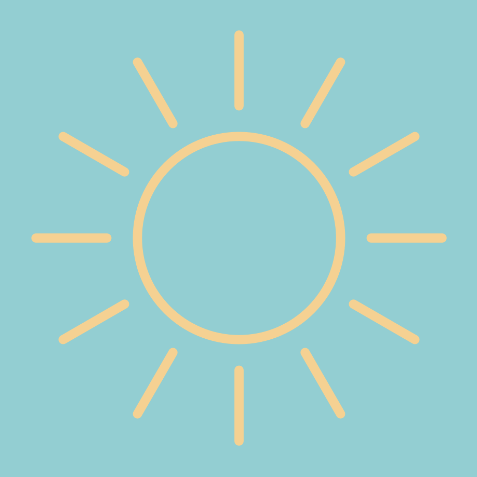 Simple graphic of a yellow sun with rays on a light blue background.