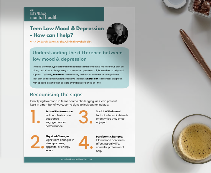 Informational brochure about teen low mood and depression, including signs to recognize, with a profile picture of Dr. Sarah-Jane Knight, a clinical psychologist, and a cup of tea or coffee partially visible in the bottom right corner.