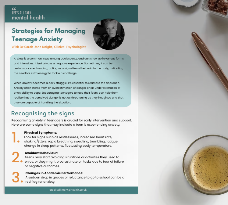 A brochure titled 'Strategies for Managing Teenage Anxiety' by Dr. Sarah-Jane Knight, featuring a black-and-white photo of the author. The brochure discusses anxiety symptoms and early signs in teenagers.